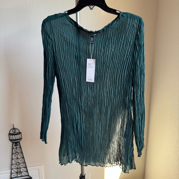 NWT EILEEN FISHER Crinkled Sheer Silk Georgette Bateau Neck Long Top Sz L - Picture 6 of 11